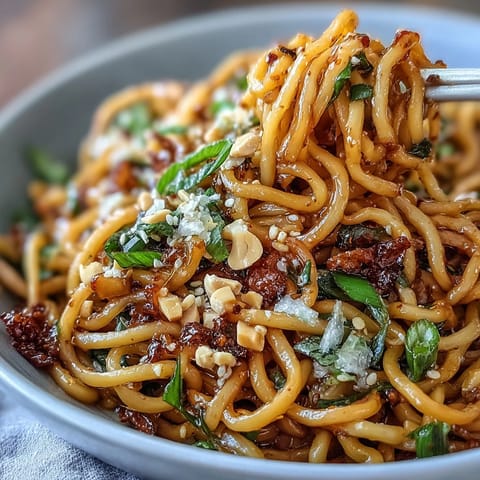 Vibrant chili crisp noodles, steaming hot with fresh scallions and crunchy garlic.