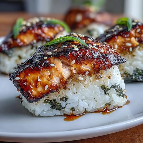 Grilled salmon onigiri with crispy rice and tender fish filling, perfect for lunch or a savory snack.  