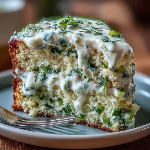 Savory pickle cake with dill cream frosting, a moist and tangy appetizer layer cake.