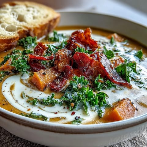 Smoky sweet potato chowder with crispy pancetta and tender kale in a creamy bowl.