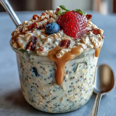 Flax and chia seed overnight oats, ready to enjoy with fresh toppings.