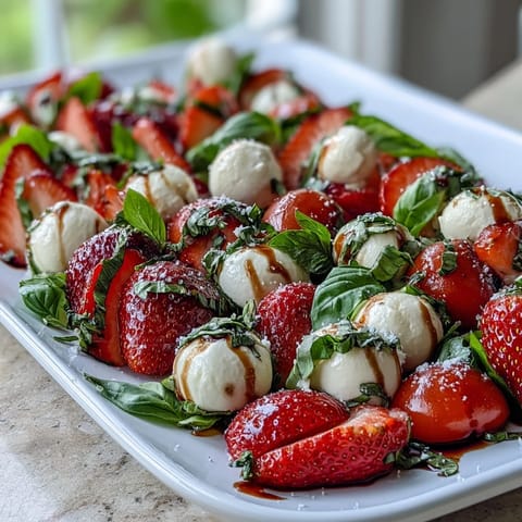 Fresh Strawberry Caprese Salad with Mozzarella, bursting with juicy berries and creamy cheese.