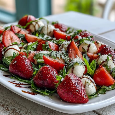Vibrant, easy Fresh Strawberry Caprese Salad drizzled with balsamic glaze.