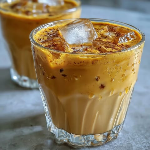 Creamy, spiced Turmeric Golden Milk Iced Latte served over ice, garnished with cinnamon.