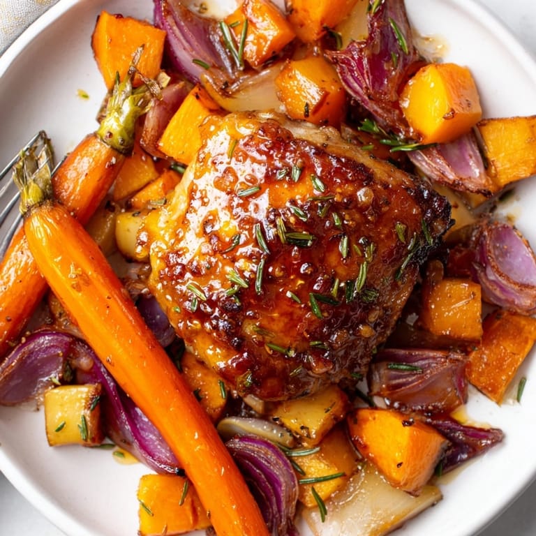 Close-up of glistening Honey-Glazed Chicken and Roasted Root Vegetables, promising a sweet and savory bite.
