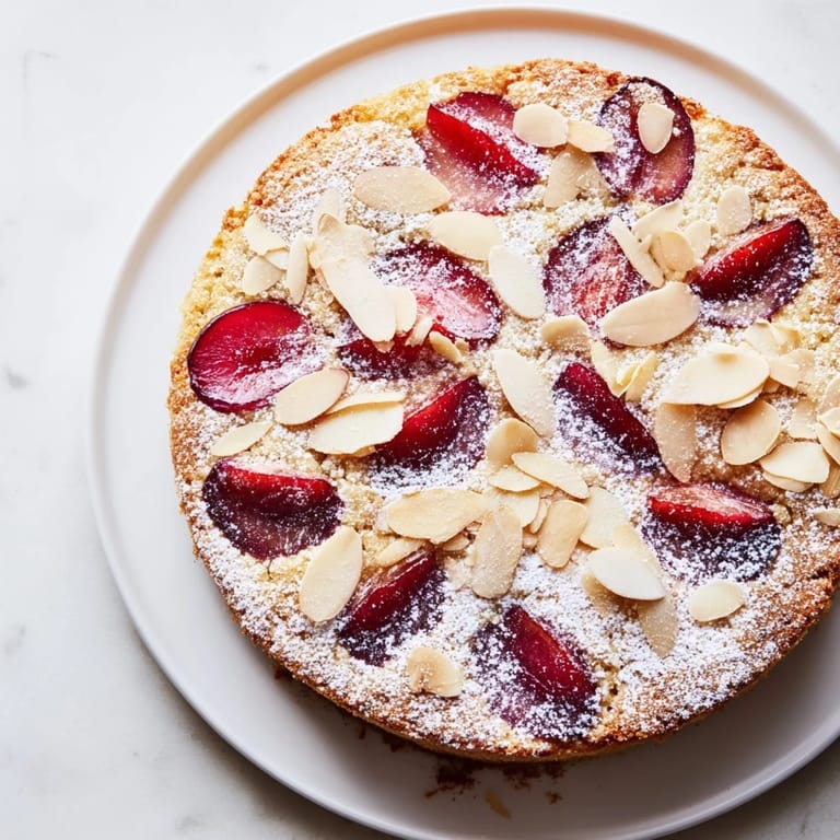 Freshly baked, this flavorful Plum-Infused Almond Cake shows off beautiful plum slices on top.