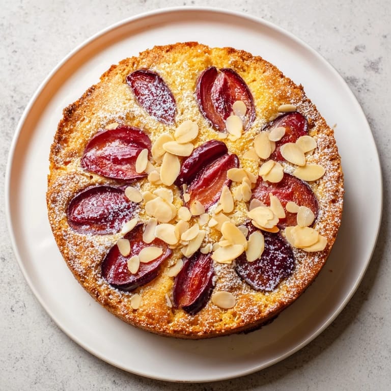 Golden-brown Plum-Infused Almond Cake, a delicious dessert with a tender crumb and vanilla scent.