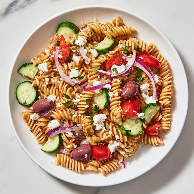 Enjoy this vibrant Mediterranean Olive Oil and Feta Pasta Salad, perfect for a light vegetarian meal.
