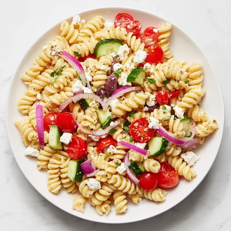 This chilled Mediterranean Olive Oil and Feta Pasta Salad features crumbled feta and Kalamata olives.