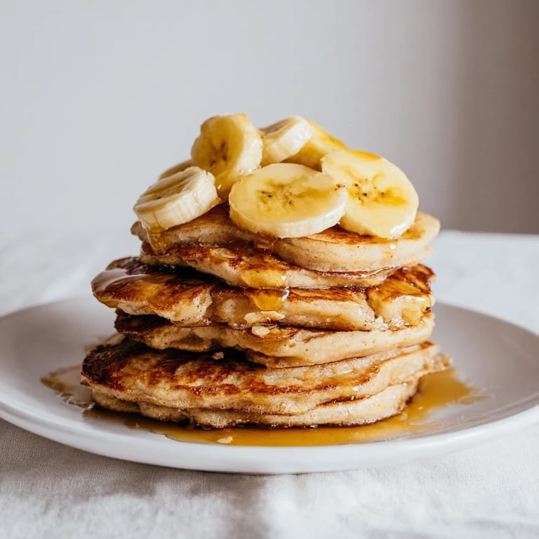 A plate of fluffy golden-brown banana pancakes, topped with sliced bananas and a sweet maple syrup drizzle.