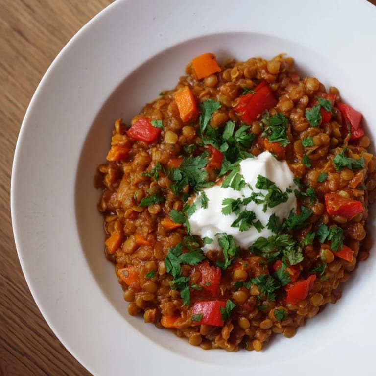 A generously portioned bowl of Wheat-Warm Hearty Lentil Curry, topped with fresh cilantro, ready to enjoy.