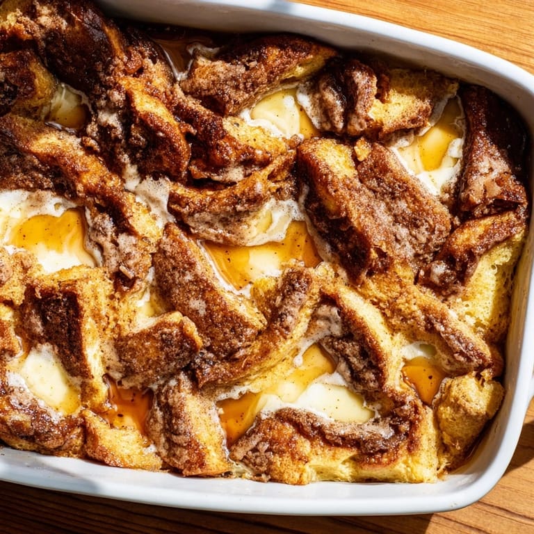 Fluffy and delicious: Warm, finished serving of Soft Spice Baked French Toast Casserole topped with syrup.