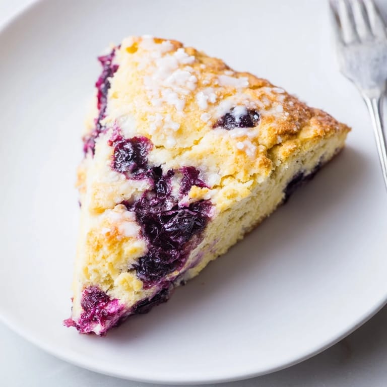 Picture of warm, fruit-filled Rustic Birch-Warm Blueberry Scones, perfect breakfast treat with a sprinkle of sugar.