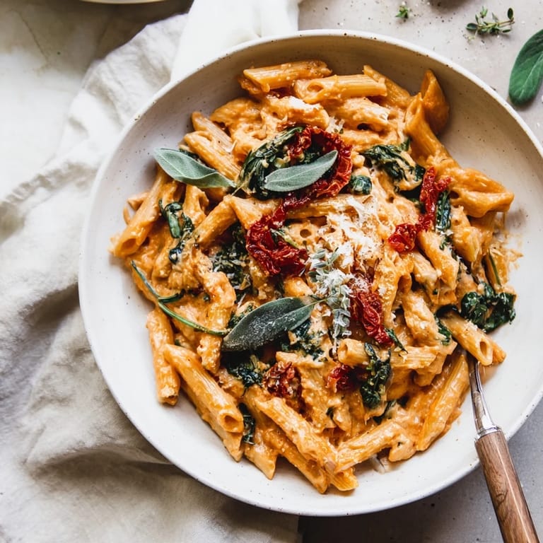 Image shows a steaming bowl of One-Pot Creamy Tuscan Garlic Herb Pasta, ready to be enjoyed.