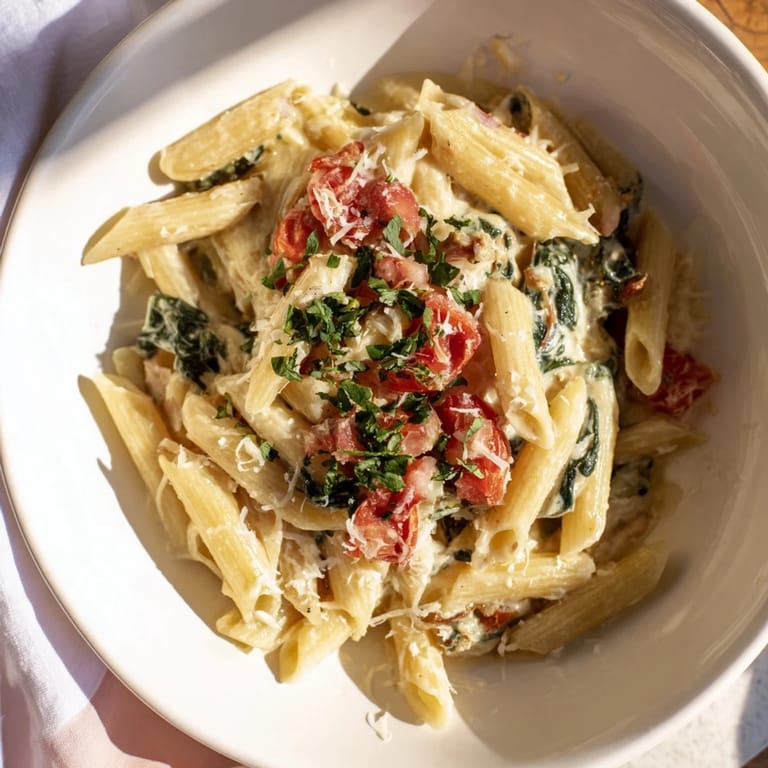 Delicious One-Pot Creamy Tuscan Garlic Herb Pasta with sun-dried tomatoes and spinach presented beautifully.