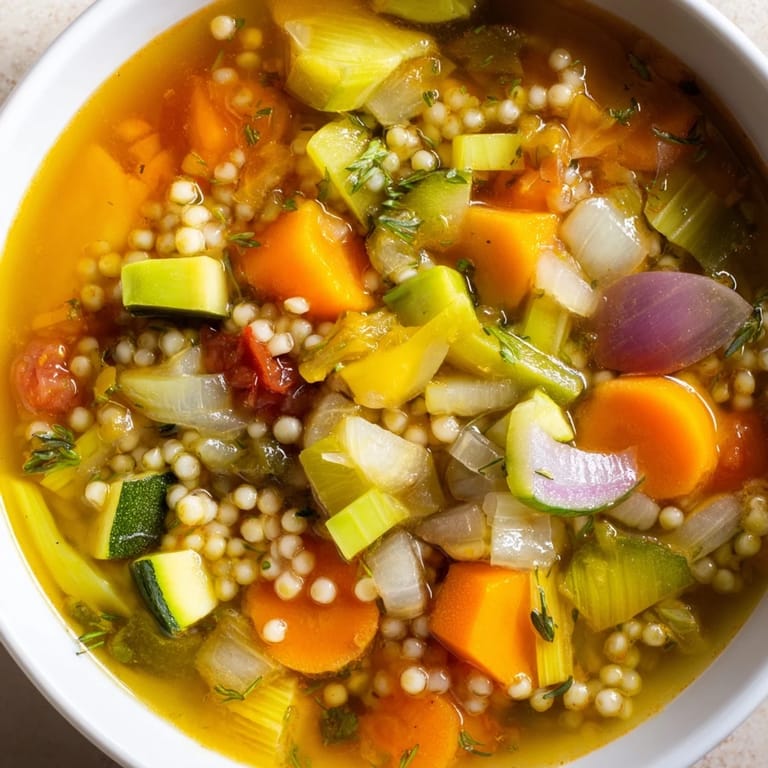 Fresh herbs garnish a hearty serving of Simple Homemade Grain and Vegetable Soup, making it visually appealing.