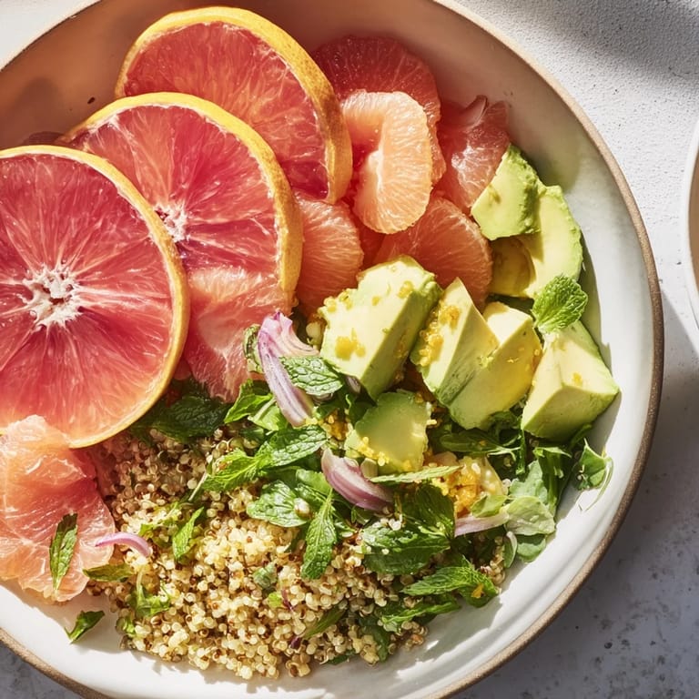 This photo features a vibrant Fresh Citrus & Avocado Quinoa Bowl, a vegetarian delight that’s visually appealing.