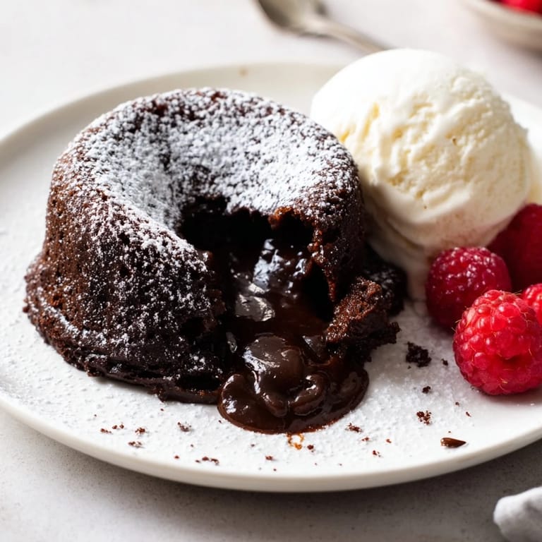 Freshly baked cocoa-warm dark chocolate lava cakes, dusted with powdered sugar, ready to savor.