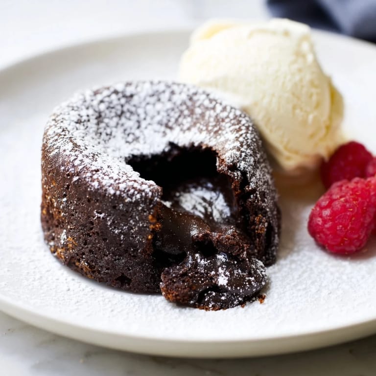 Close-up of a decadent dark chocolate lava cake, showcasing its flowing, delicious chocolate interior.