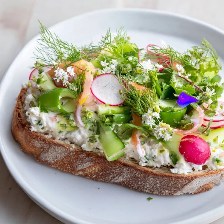 These Fresh Meadow-Inspired Garden Vegetable Tartines showcase a vibrant medley of fresh vegetables on toasted bread.
