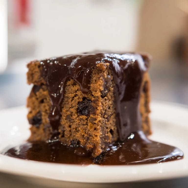 Golden brown Weekend Cabin-Style Sticky Toffee Pudding with visible date pieces, served warmly with extra sauce.
