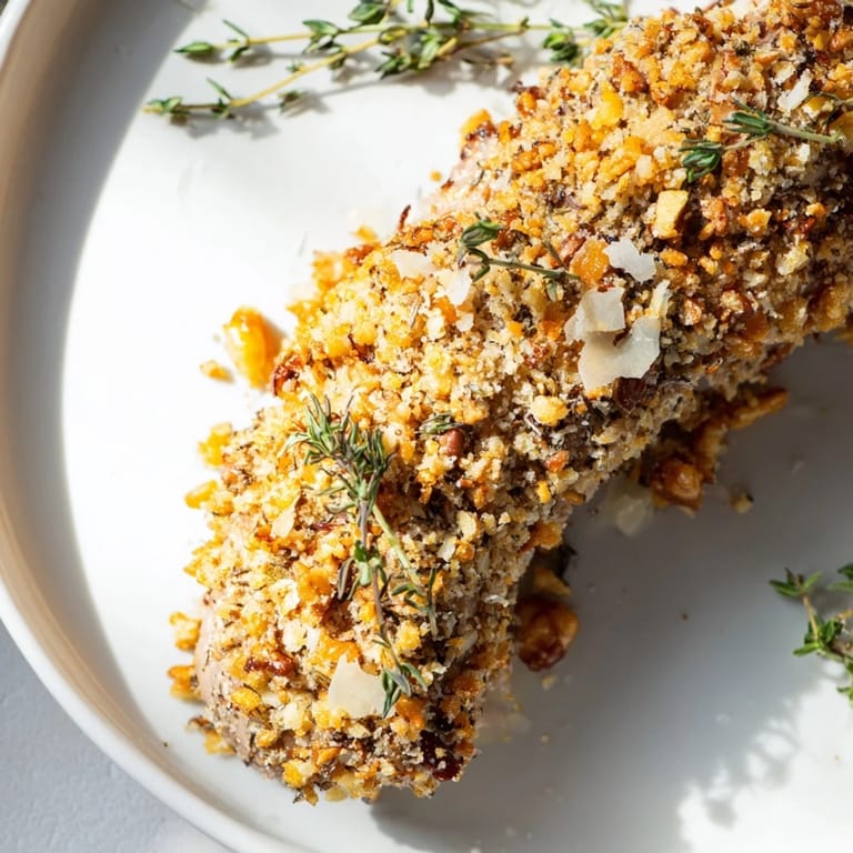 Close-up of a perfectly roasted Thyme and Pecan Crusted Pork Tenderloin, juicy and savory.