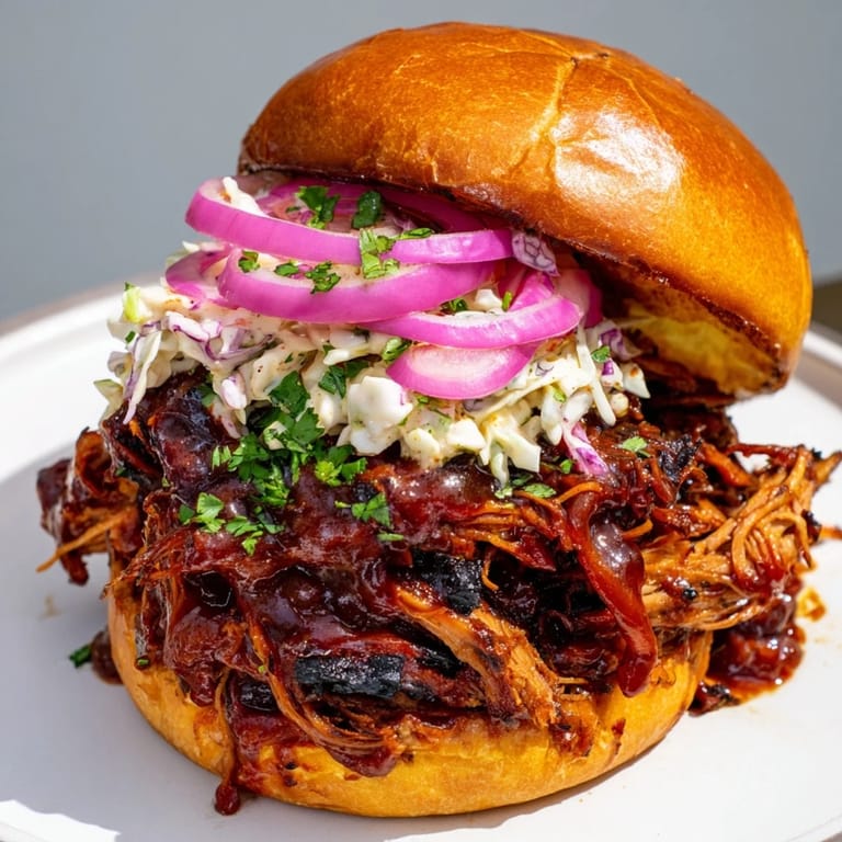Juicy Fire-Kissed BBQ Pulled Pork Sandwiches with charred edges are beautifully paired with fresh herbs and onions.