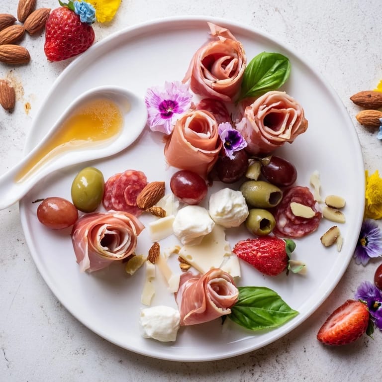 A vibrant Prosciutto Rose Bouquet Board with glistening grapes and colorful fresh berries, perfect for sharing.