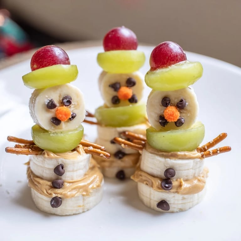 These delightful Banana Peanut Butter Snowmen feature creamy peanut butter, waiting to be enjoyed at a holiday party.