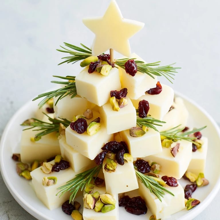 Enjoy a holiday Cranberry White Cheddar Tree with crunchy pistachios and fresh rosemary sprigs.