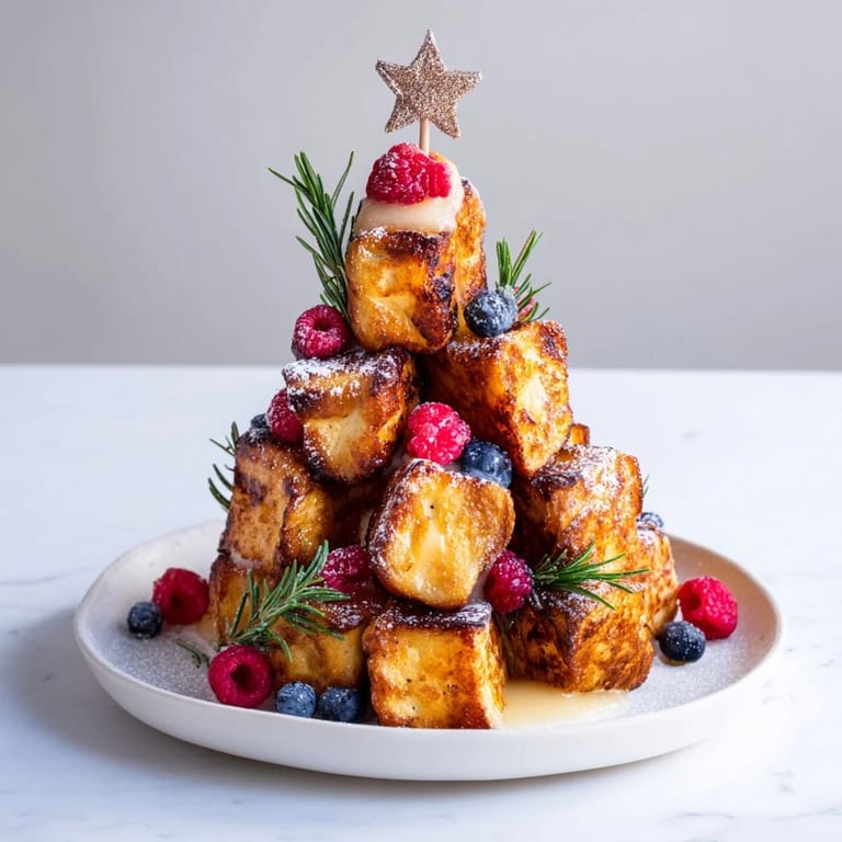 A delightful view of an Eggnog French Toast Bites tree, showcasing perfectly cooked bread and holiday charm.