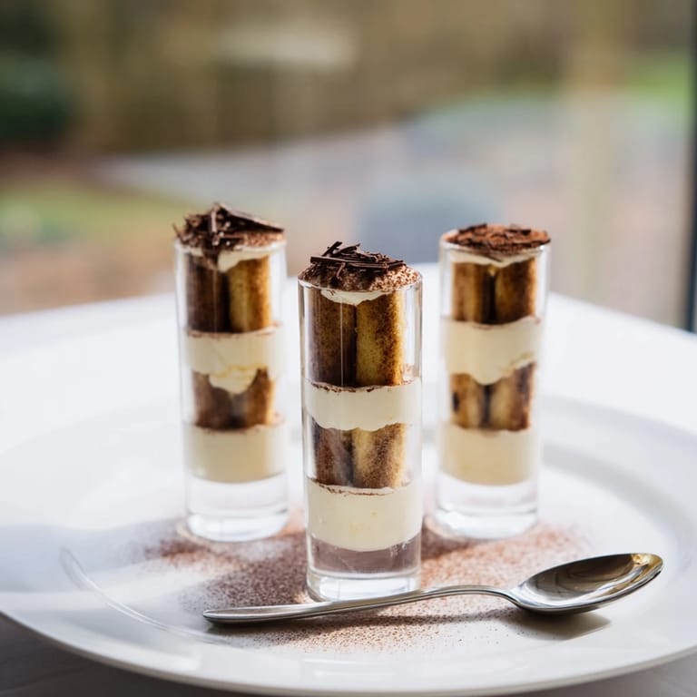 Close-up of decadent Count-down Tiramisu Shots, dusted with cocoa and perfect for a special gathering.
