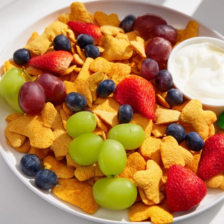 A close-up of a playful pile of rainbow Goldfish crackers mixed with refreshing fruit for a fun snack.
