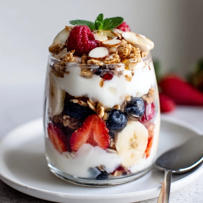 See a close-up of beautifully crafted yogurt and granola parfait glasses, a healthy breakfast overflowing with color.