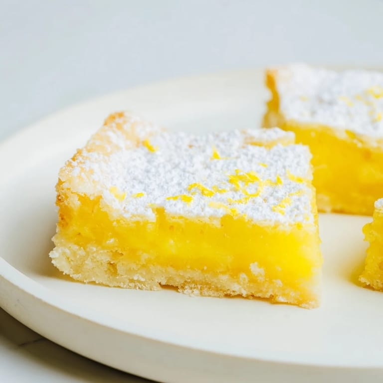 Elegant triangular slices of homemade lemon bars dusted with powdered sugar, offering a sunny dessert experience.