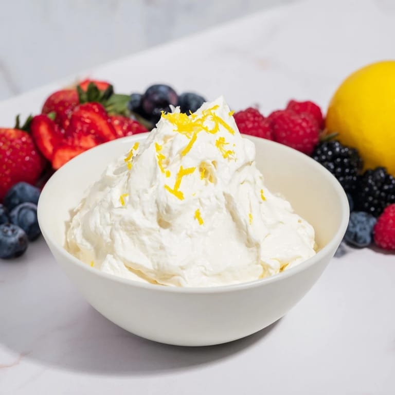 Cool, creamy Fluffy Cream Cheese Fruit Dip with a mountain of colorful berries ready to be enjoyed.