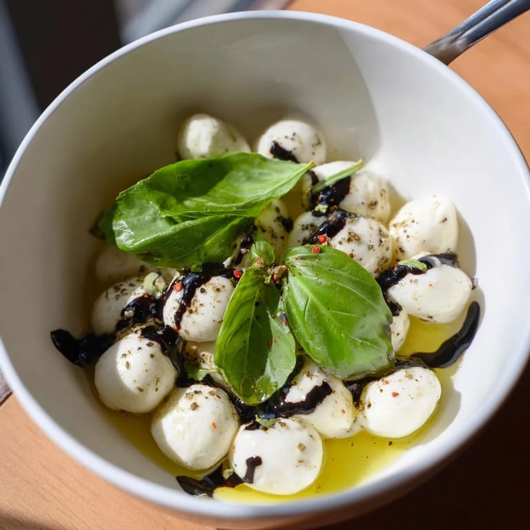 Tempting small bowl of mozzarella pearls, seasoned for flavor, ideal for a quick, elegant starter.
