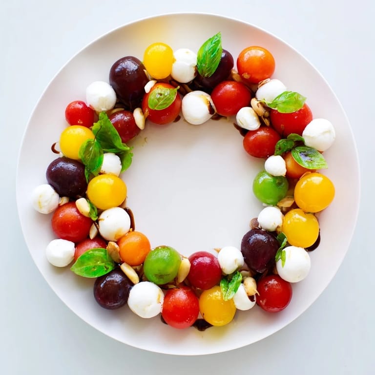 Mediterranean Appetizer Wreath with juicy cherry tomatoes, mozzarella, and a balsamic glaze, delicious!