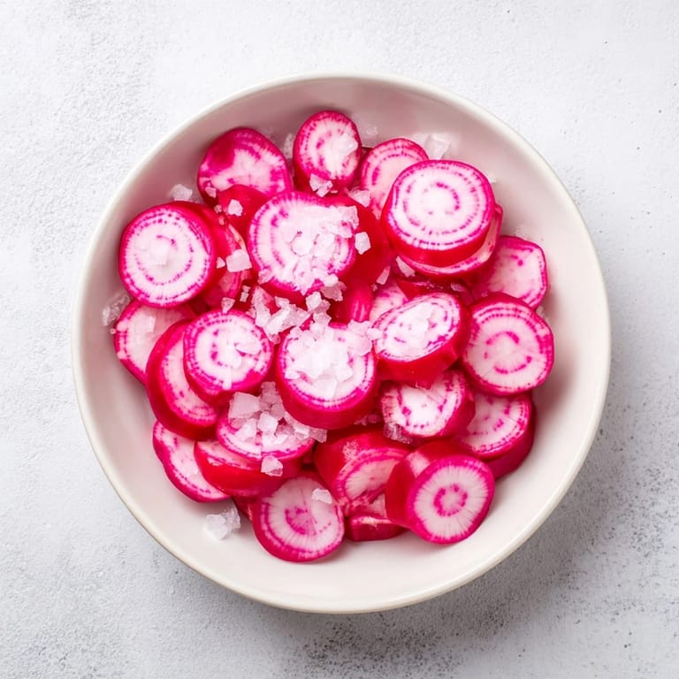 Thinly sliced radishes, a vegan appetizer, glistening with sea salt, ready to enjoy with a hint of pepper.
