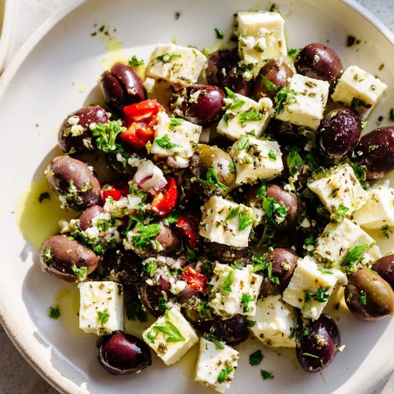 Savory Holiday Mix: Mixed Olives with Feta Cubes, marinated and ready for your holiday appetizer spread.