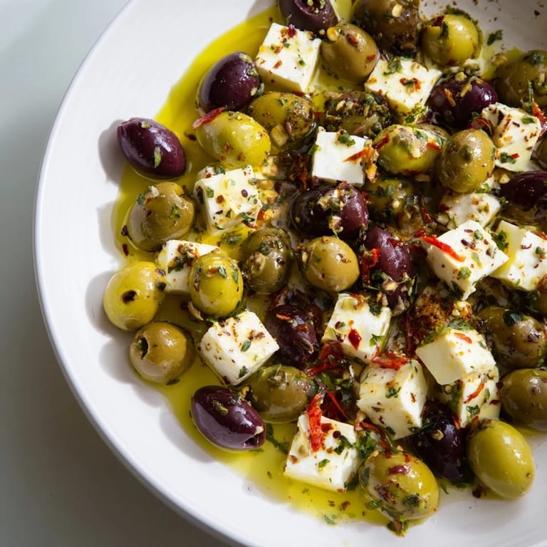 A close-up of a festive bowl of Holiday Mix: Mixed Olives with Feta Cubes, boasting vibrant Mediterranean flavors.