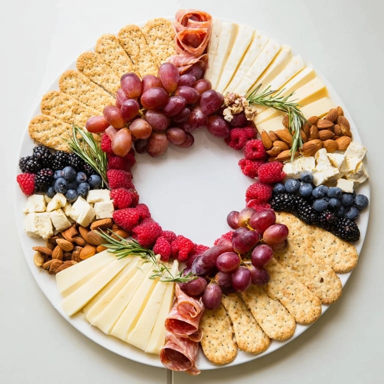 The Ouroboros Circle: a festive party platter featuring brie, prosciutto, and fresh fruit in a ring.