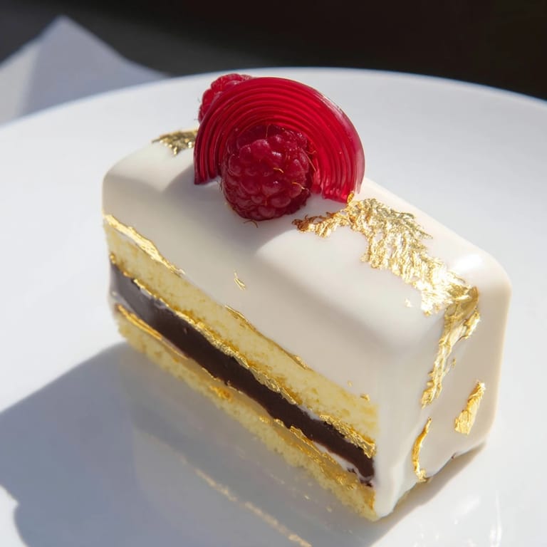 Luxurious The Golden Ratio Shell, showcasing a delicate raspberry jelly spiral and a white chocolate glaze.
