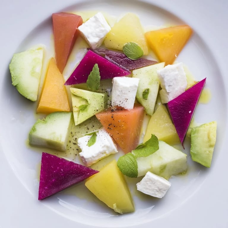 Beautiful Cubist Deconstruction with fresh herbs and a drizzle, perfect for a refreshing appetizer.