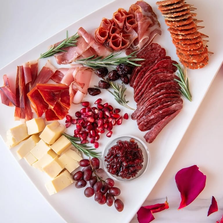 Delectable The Crimson Crest appetizer: a stunning arrangement of cured meats and red wine-soaked cheeses, ready to serve.
