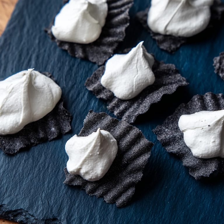 Elegant presentation of The Stormy Sea, with goat cheese "whitecaps" crowning dark, wavy crackers; a delicious appetizer.