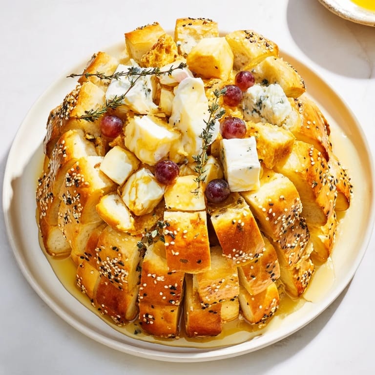 This appetizing photo displays the finished "Gilded Cage," a savory breadstick dome over an array of cheese.