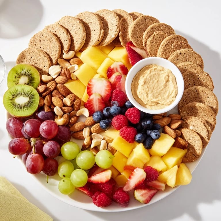 The Hidden Oasis features colorful fruits, nuts, and crackers surrounding savory dips, ideal for sharing.