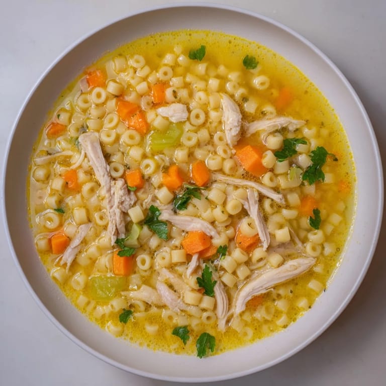 Aromatic Chicken and Ditalini Soup, with visible ditalini pasta and fresh parsley garnish, ready to enjoy.