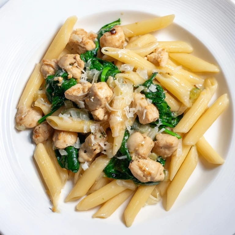 Close-up of the finished one-pot spinach and chicken pasta with visible spinach and perfectly cooked pasta.